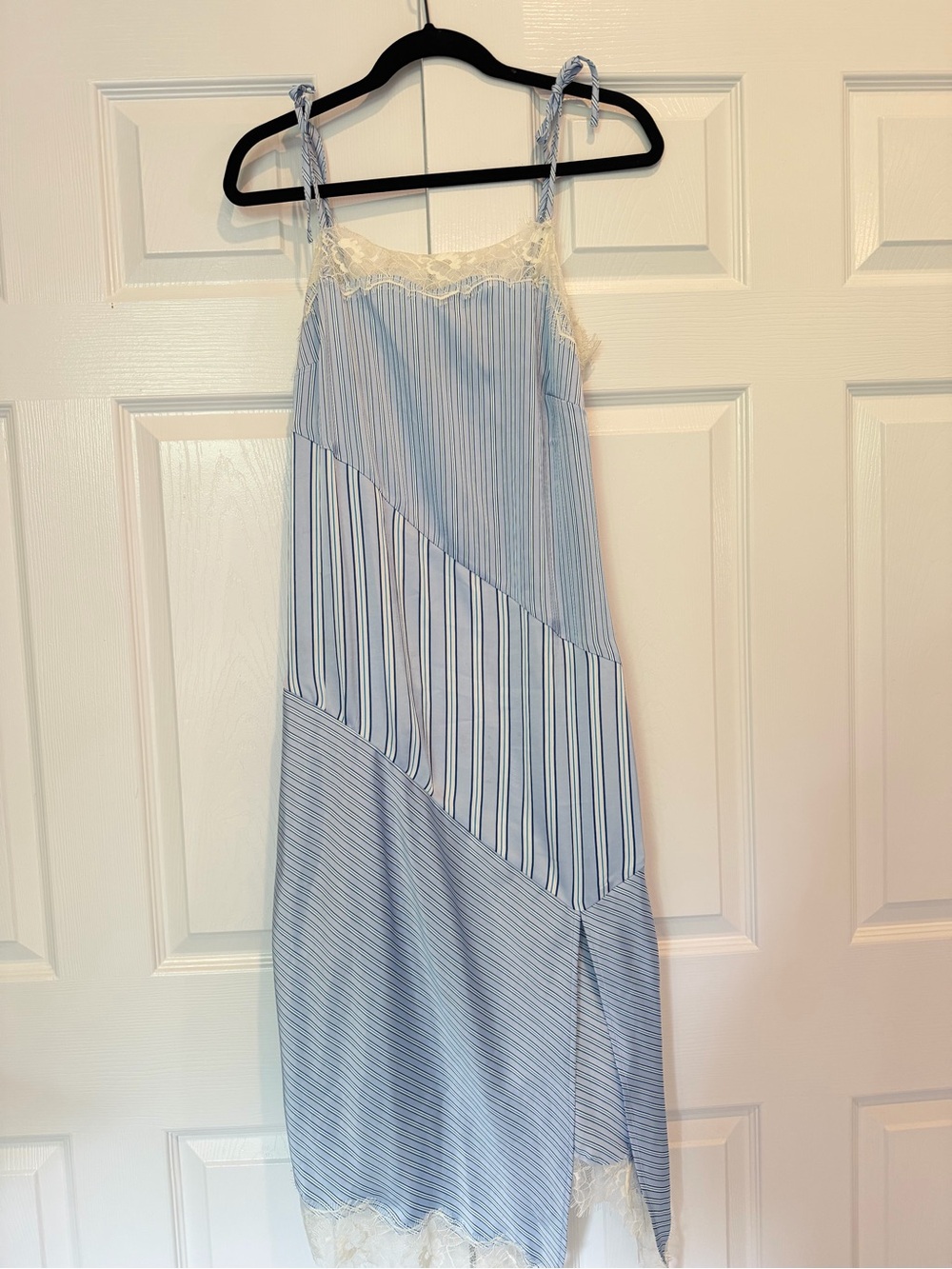 Blue Striped Asymmetrical Slip Dress with Lace Trim